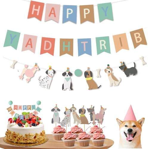 DERJDISF Hundeparty Deko Set Geburtstag – Happy Birthday Banner mit Hundemotiv + 1x Hundelametta Girlande + 1x Wimpelkette + 12x Cupcake Topper – Hundegeburtstag Partydeko für Haustierfest, Tierparty