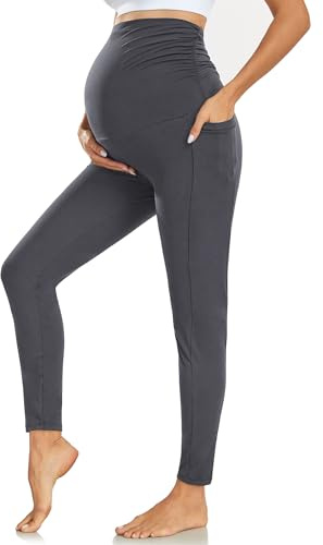Ymmott Maternity Leggings Över Magen Med Fickor Hög Midja Svarta Mjuka Magstöd Stretchiga Graviditetsbyxor Yoga Träningspyjamasbyxor
