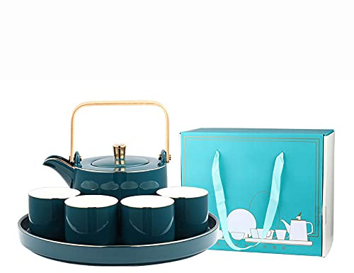 WOTZOV Service à thé Japonais en Porcelaine avec théière, 4 Tasses et 1 Plateau. Service à thé Asiatique pour Amateurs de thé, Femmes et Hommes.