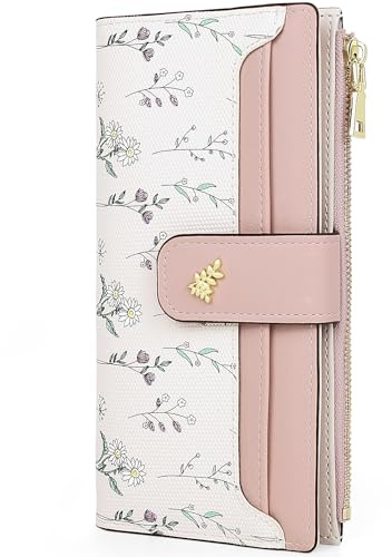 Busnos Purses for Women Ladies Purse mit Credit Card Holder Long Womens Wallet with Floral Design | Pink Bifold Wallet with Card Holder & Coin Pocket | Multiple Card Slots RFID Blocking