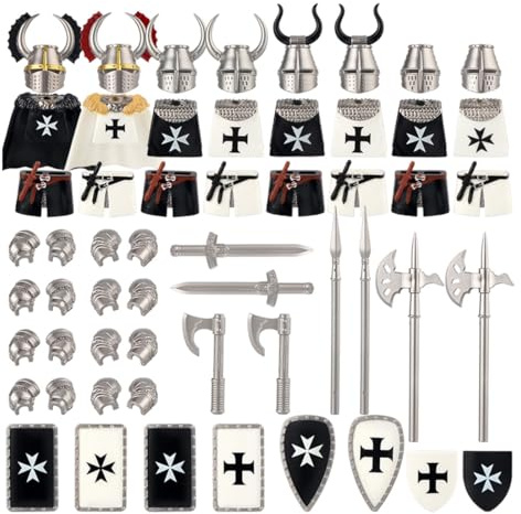 ExPrismarx Militär Waffen Set, 56 Teiliges Mittelalterlich Römisches Krankenhaus Ritter Germanischer Kreuzfahrer Bausteine Historischer Krieger Pack Set, Kompatibel mit Marken