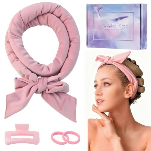 Lockenwickler Über Nacht, Wefaly Heatless Curls Samt Rutschfest Lockenband Haarband Locken Ohne Hitze mit Haarnadel DIY Hair Curler Rollers für Langes Mittleres Haar (Pink)