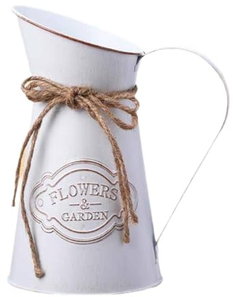 FytStycale Pichet Fleurs Fer, Vase Décor Rustique, Cruche Métal Ancienne avec Anse, Pot de Fleurs Usage Polyvalent, Jardinière Convient Salon Balcon Jardin Table, Blanc