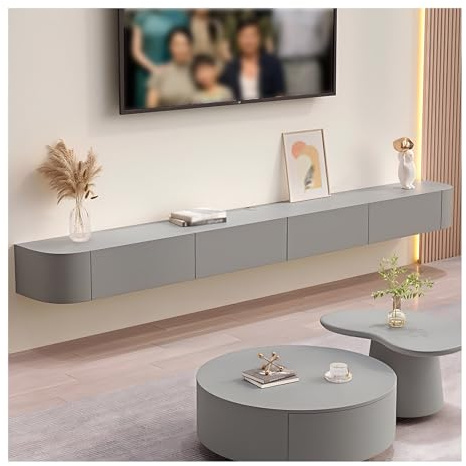 Moderno mobile TV sospeso da parete, elegante centro intrattenimento da 180 cm con cassetti, console multimediale per soggiorno e camera da letto, ripiani bianchi per la decorazione della casa