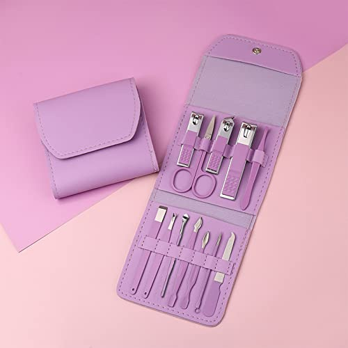 Eujgoov Professionelles Maniküre-Set, Pediküre-Werkzeuge, Edelstahl-Nagelset mit Reiseetui, 12 oder 16-teilig, für die Hand- und Fußpflege (PURPLE #-1)
