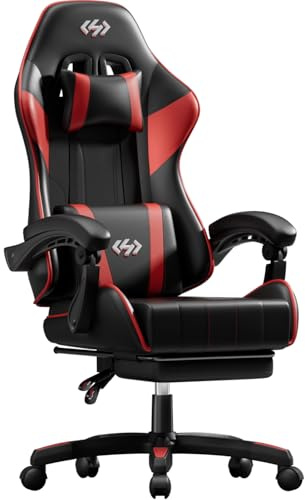 HLONONE Gaming Stuhl, Ergonomischer Gaming Chair mit Fußstütze, Verstellbarer Gamer Stuhl mit Kopfstütze, Lendenkissen und Linkage-Armlehnen, Racing Gaming Sessel Gepolstert PC Stuhl, Schwarz-Rot