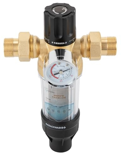Filtro de agua reutilizable, filtro fino fluido, filtro de agua del grifo, prefiltro de sedimentos con manómetro para manguera de agua de pozo, filtro de sedimentos (medidor de presión de 1/2 pulgadas