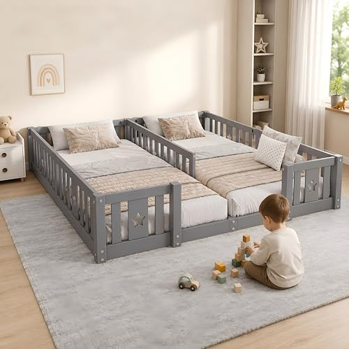 Montessori Doppelbett 180x200 cm (2x 90x200), Kinderbett Bodenbett aus Massivholz mit Rausfallschutz & Sternen-Design, inkl. Lattenrost, Geschwisterbett für Jungen & Mädchen, Grau, Ohne Matratze