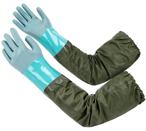Lange Teichhandschuhe 70cm, Wasserdichte PVC Gummihandschuhe, Rutschfest Abriebfest Säure- & Laugenbeständig, Wiederverwendbare Arbeitshandschuhe für Gartenarbeit, Aquarium und Abflussreinigung