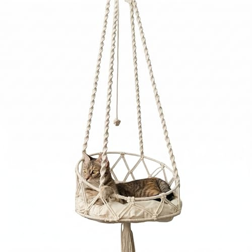 Columpio de Hamaca para Cama de Gato Colgante Tejido a Mano con cojín Suave y pompón, Montaje en Pared o Ventana, Accesorio para Gato Blanco para Interiores y Exteriores