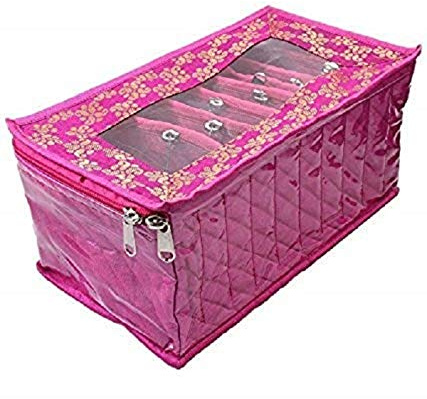 Kuber Industries Cotton Jewellery Kit with 10 Transparent Pouches, Pink