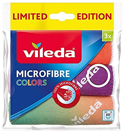 Vileda Microfibre Colors Panni Multiuso, Vetri, Bagno, Cucina, Mobili, Colori Assortiti, Set da 3 Peziz, 30 x 30 cm