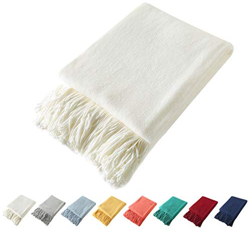 Homiest Decorative Knitted Throw Blanket with Fringe Soft & Cozy Tassel Blanket for Couch Sofa Bed- 50 x 60 (50 x 60, Ivory)
