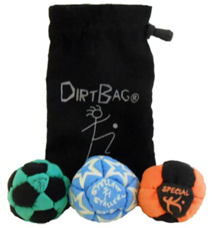 DIRTBAG Medley Footbag 3-Pack with Pouch, 100% Handmade, Premium Quality, Bright Vivid Colors, Signature Carry Bag - Green/Black