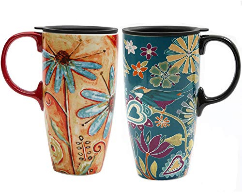 Topadorn Set of 2 Ceramic Travel Mugs with Lid, 17oz Ceramic Coffee Mug