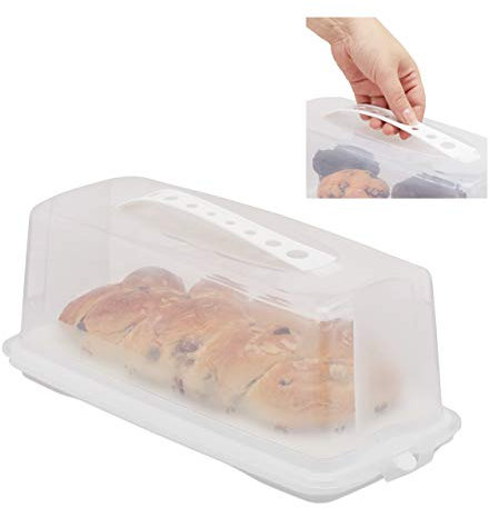 Relaxdays Contenitore per Dolci, Rettangolare, con Manico, per Plum-Cake & Torte HxLxP: 15x37x16 cm, Bianco/Trasparente