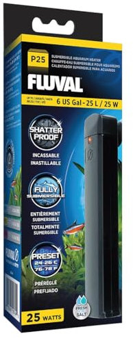 Fluval P25 Submersible Aquarium Heater – 25W, Shatterproof & Fully Submersible, Preset 76-78°F for Freshwater & Saltwater Tanks up to 6 Gal, LED Indicator, Safe & Durable Nano Tank Heater
