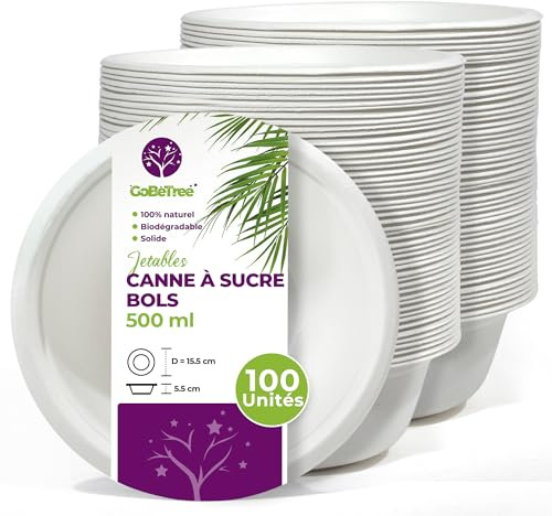 GoBeTree 100 Einweg Schalen Zuckerrohr 500 ml. Schalen für Salat, Poke und Suppe, Mikrowellen- und Gefriergeeignet, Rutschfest und Stapelbar