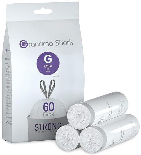 GRANDMA SHARK 30L UP TO 35L Bin Bags Liners Drawstring Trash Bag, Handle Waste Bags, 60 Garbage Bag, Super Strong, Anti-drip Unscented, 64 × 58 cm