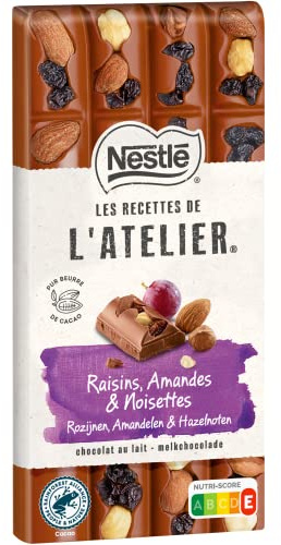Nestlé Les Recettes de L'Atelier - Chocolat Lait Raisins Amandes - 170g | Chocolat au lait fondant aux fruits secs torréfiés - Pur beurre de cacao - Encas gourmand pour une pause sucrée intense