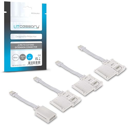 Litcessory 6-Pin to Cut-End Extension Connector for Philips Hue/Solo Lightstrip (50mm, 4 Pack, White - MICRO 6-PIN V4 / Solo Lightstrip)