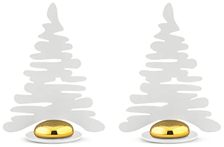 Alessi Barkplace Tree BM16S2 W - Set mit Zwei Tischkarten in Form eines Weihnachtsbaums, aus mit Epoxidharz Gefärbtem Stahl, Weiß mit Porzellanmagnet