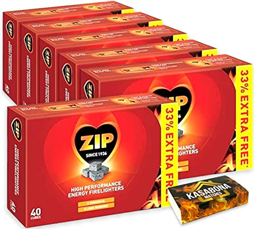 Packs of 40 Zip High Performance Energy Block Firelighters Powerful Reliable & Long Burning for Open Fires Stoves BBQs & KasaBona Safety Matches (36 X 40 CUBES)