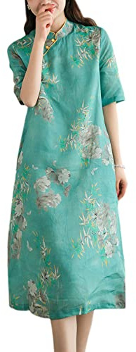 YM YOUMU Vestido Qipao con estampado floral de bambú para mujer, vestido de algodón y lino, vestido tradicional étnico chino cheongsam, A-verde, L