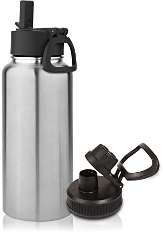 Volhoply 1l Bouteilles D'eau en Acier Inoxydable avec Paille,1 litre Bouteille Isotherme Café Double Paroi avec Deux Couvercles Sans BPA,Bottle Réutilisable en Métal Étanche pour Sport,Adulte