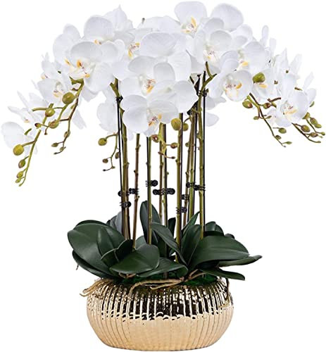 HRTC Künstliche Orchideen im Topf mit Porzellanvase, künstliche Blumen, Dekoration, Wohnzimmer, Büro, künstliche Phalaenopsis-Blumen
