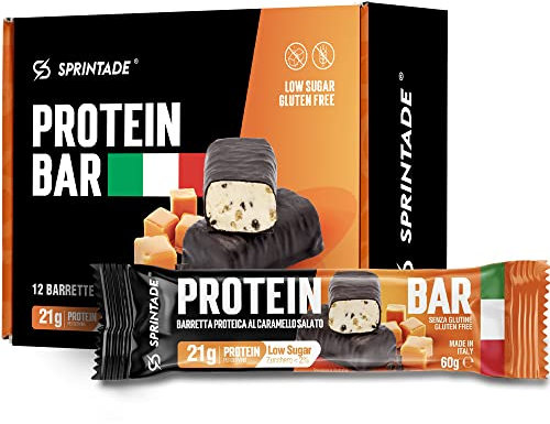 Sprintade® PROTEIN BAR la barretta proteica italiana, 12 x 60g, 21g di proteine, snack low sugar, gluten free, adatta per diete keto (Caramello Salato, 12 Barrette da 60 grammi)