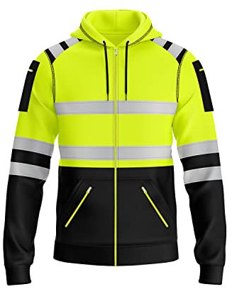 trending babz Mens Hi Vis Zipper Hoodie Sweatshirt Safety Work High Viz Reflective Tape Multi Zipped Pockets Hoodie Yellow Orange High Visibility Sweatshirt Top