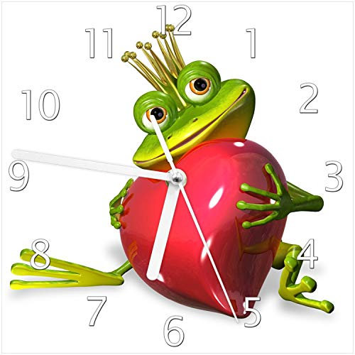 Wallario Design-Wanduhr Verliebter Froschkönig mit großem Herz aus Glas, Motiv-Uhr Größe 20 x 20 cm, weiße Zeiger