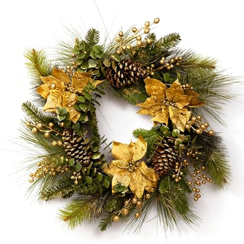 60cm Christmas Wreath Decorated with Gold Berries, Poinsettia, Eucalyptus Leaves, Pine Cones, Grapevine - Front Door Room Wall Home Hanging Xmas Decorations