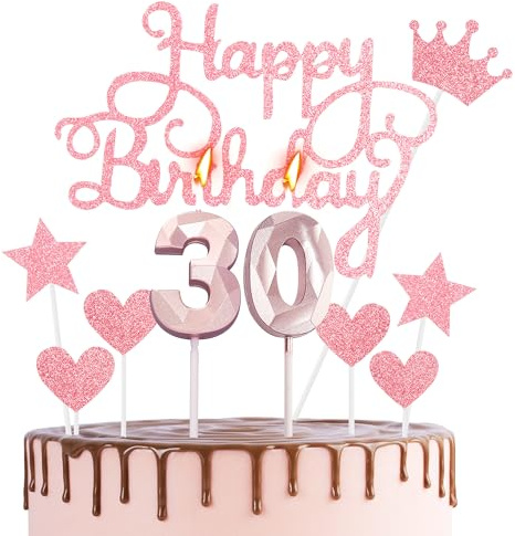 Happy 30th Birthday Cake Topper & Candles - Rose Gold Number 30 for Cake Decorations - Rose Pink Cupcake Topper for Women Her Celebration