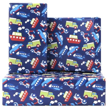 Geburtstags Geschenkpapier für Kinder, Mädchen, Jungen, 4 Bögen, 50 x 70 cm, Auto, LKW, Flugzeug, Transport, Design, Geschenkpapier für Geburtstagsparty, Babyparty, Urlaub, Weihnachten