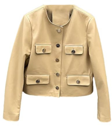 Hdhdeueh Damen Schaffell Leder Jacken O Neck Bomberjacke Ledermantel, beige, 38