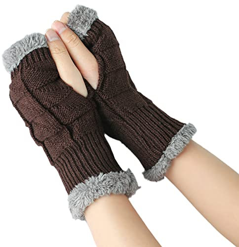 Wambere 1 paio di guanti senza dita, invernali, caldi, a maglia, con fodera in pile, per donne e ragazze, blu, caffè, Taglia unica