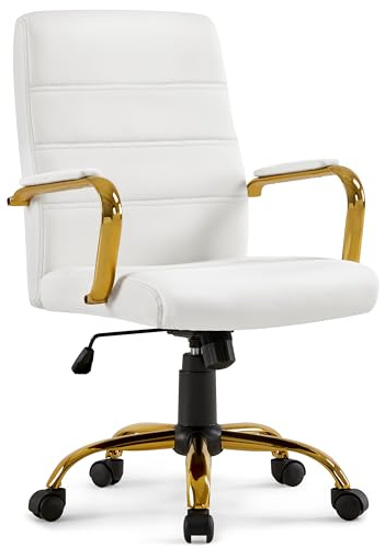 Yaheetech Mid-Back PU Leather Swivel Chair Gold Leg & Lumbar Support, White | Faux leather upholstery, Supportive mid-back design, Height adjustment and swivel, Gold-tone metal base