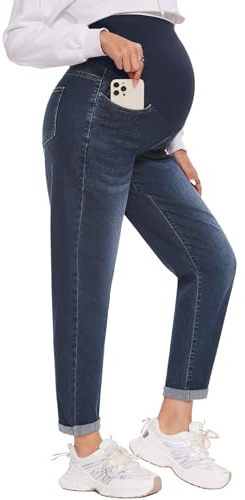 POSHGLAM Dam moderskapsjeans, över-magen, bekväm stretch, pojkvän-jeans, pösiga graviditetsbyxor, S-XXL, S