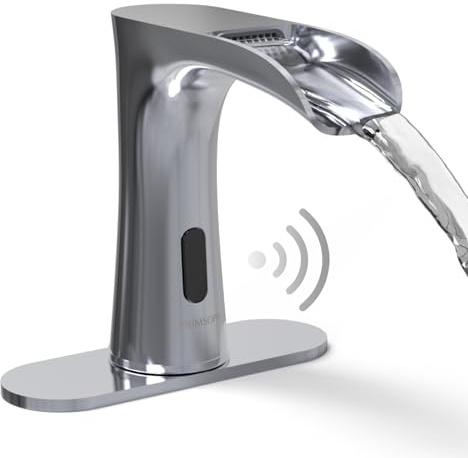 PRIMSOPH Waterfall Automatic Motion Sensor Hands Free Electronic Infrared Smart Commercial Touchless Bathroom Sink Faucet with Cover Plate Temperature Mixer Battery or Plug-in Powered Chrome