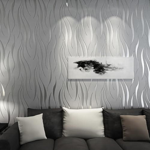 Anttyscar 6 Rolle Silber Grau Tapete für Wohnzimmer Schlafzimmer, Wellen Geprägte 3D Effekt Glitter Tapete, Modern Vliestapete 950CM×53CM