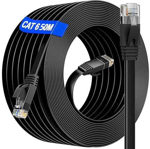 Netzwerkkabel 50m Outdoor Indoor, LAN Kabel 50 meter Cat 6 Gigabit RJ45 50m Ethernet Kabel Flach - 10 100 1000Mbit s - Patchkabel Schwarz Cat 6 Wlan Kabel für Router Switch Modem PS4/5, 50 Clips