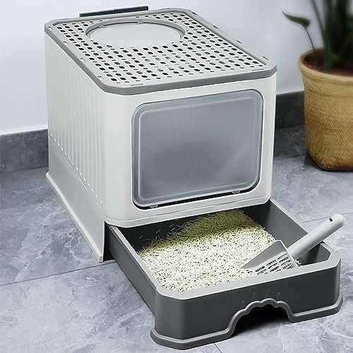 OHMG Case di toilette per gatti, lettiera per gatti, contenitore per lettiera chiuso, grande gatto, lettiera per gatti con coperchio, vassoio rimovibile, filtro e paletta per lettiera (D-Grigio-50 x