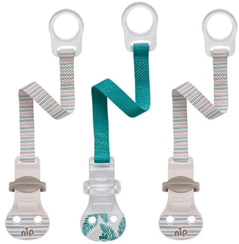 3-er Set nip Schnullerband mit Ring, Petrol, Befestigungsring aus flexiblem Silikon Komfort-Verschluss für alle Schnuller mit und ohne Ring