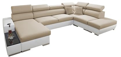 All4All Ecksofa mit Schlaffunktion Picanto 358 cm x 227 cm - Wohnlandschaft U-Form - Sofa mit Bettkasten - XXL Sofa - Groß - Gewebe mit Kunstleder - Linke Seite - Beige/Weiß - Modern 26