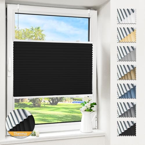 Magiea Plissee ohne Bohren verdunkelung, Thermo Plisseerollo Klemmfix, Schwarz 85x120cm(BxH), Verdunklungsplissee 100% lichtundurchlässig, Faltrollo für Fenster, Sichtschutz Sonnenschutz