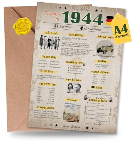 Sugeru Besondere Geburtstagskarte mit Umschlag | Jahrgang Geschenk | geburtstag frau mann | Geburtstagsdeko lustig,Tolle Geschenkidee,Chronik,Karte,Jubiläum- DIN A4 (1944)