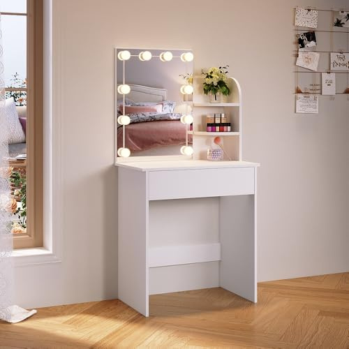 SONNI Schminktisch mit Spiegel, 10 LED, Schubladen, Weiß, 70x40x140cm | Frisiertisch mit 3 Offene Regale, 3 Lichtmodis,10 Helligkeitsstufen, Kosmetiktisch, Make-up Tisch für Schlafzimmer, Wohnung