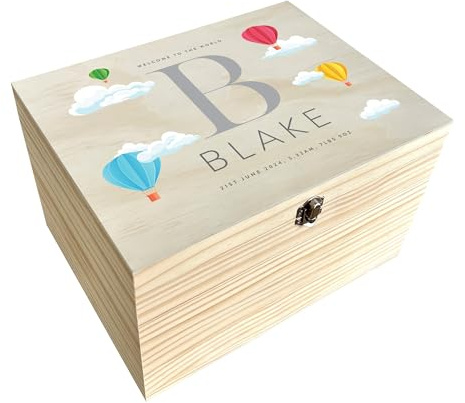 Caja de recuerdo personalizada para bebé con globo aerostático | Caja de regalo Treasured Memories para recién nacidos | Nombre y fecha personalizados | Caja de pino con bisagras de metal y cierre |